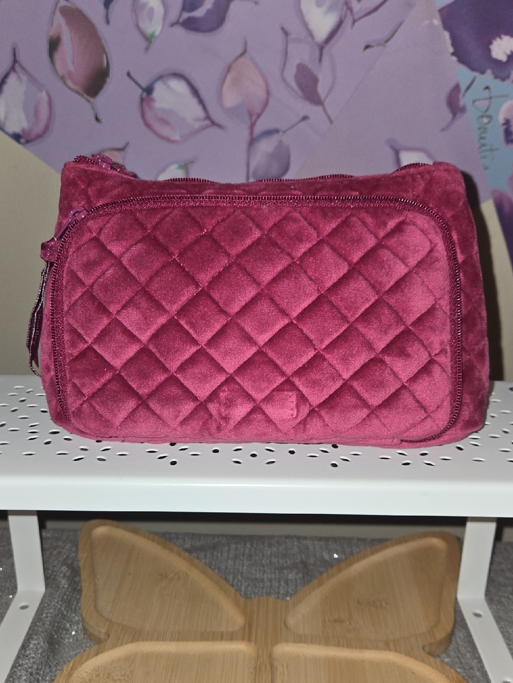 Quilted Velvet Travel Cosmetic Bag - Raspberry Pink